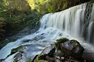 Waterfalls Prints: Sgwd Isaf Clun Gwyn waterfall on the river Mellte in the Brecon Beacons - October - Mid-Wales - UK