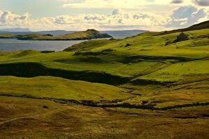 Shetland Scenery - green rolling hills with grazing sheep and view toward St. Magnus Bay