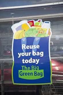Bags Prints: Sign encouraging use of reusable bags Tesco - Evesham - UK