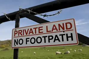Gates Prints: Sign - Private land no footpath on barbed wired gate Cotswolds UK