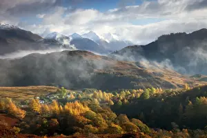 Village Prints: Five Sisters of Kintail looking across the valley in atmospheric conditions from Auchertyre Hill - November - Scotland