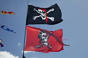 Cheltenham Prints: Skull and crossbones flags flying against blue sky - Greenbelt Festival 2010 - Cheltenham - UK