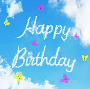 Greeting Prints: Sky writing - Happy Birthday - written in the clouds - with Butterflies