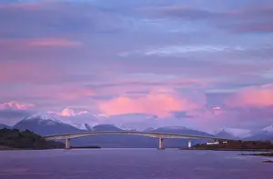 Loch Prints: Skye bridge with the mountains of Skye covered in snow in the background on a beautiful morning - November - Kyle of