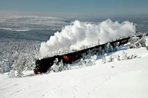Transport Prints: Small Gauge Steam Locomotive - riding through snow covered winter landscape - Brocken - National Park arz Mountains