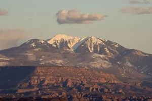 The snow-capped La Sal Mountains in the evening