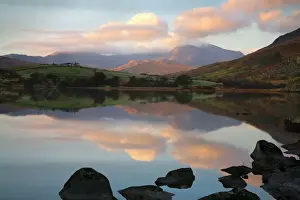 Sunrise Prints: Snowdon at first light with a layer of cloud with reflections in Llynau Mymbya - November - Capel Curig - North Wales