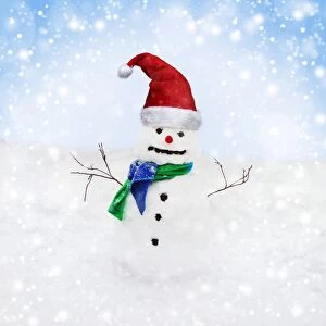 Snowman - with scarf & Christmas hat in winter