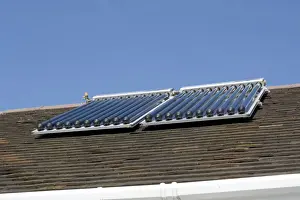 Alternative Energy Prints: Solar thermal panels with evacuated tubes on roof of Worcestershire House provide domestic hot water UK