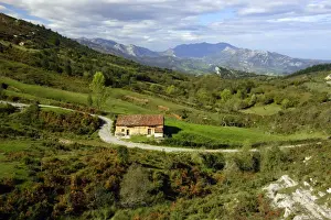 Farm Buildings Prints: Spain - Farm Shed, Lower region of mountain range, Picos de Europa, Cantabria, Spain