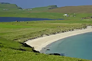 Lochs Prints: Summer beach beach of Scousburgh Sands on the right and Loch Spiggie on the left South Mainland