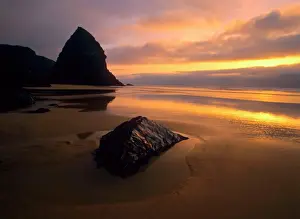 Tranquillity Prints: Sunset at beach of Bedruthan Steps at low tide Bedruthan Steps, Cornwall, England, UK