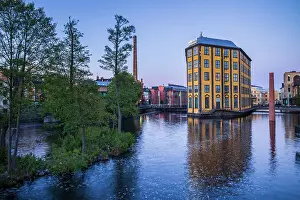 Sweden, Norrkoping, early Swedish industrial town, Arbetets Museum, Museum of Work in former early 20th century mill building, dusk Date: 16-05-2019