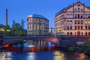 Sweden, Norrkoping, early Swedish industrial town, Arbetets Museum, Museum of Work in former early 20th century mill building, dusk Date: 16-05-2019