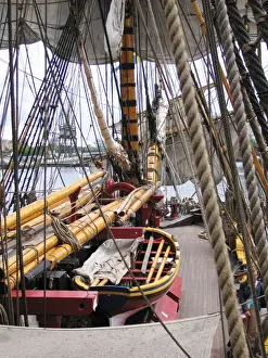 The Swedish Ship Gotheborg - ropes / rigging. Replica of 1738 East Indiaman ship built according to traditional methods & materials. Moored at South Quay, London