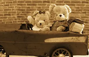 Teddy Bear Prints: Teddy Bear - x2 teddies in car Digital Manipulation: extra arm, sepia