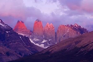 Torres del Paine massif and clouds at sunrise -