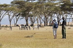 Tourists with wildlife ranger watching zebra