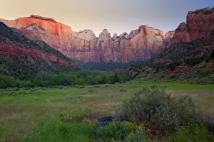 Towers of the Virgin - famous Zion panorama of the mountains called The West Temple, The Sundial, The Temple of the Virgin and the Altar of Sacrifice. At dawn, in spring - Zion National Park, Utah, USA