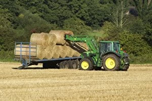 Tractor carrying bales of hay and loading onto