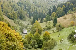 Traditional farming with old houses, barns, fruit trees and pasture in autumn, Magura village, Piatra Craiulu mountains, Romania
