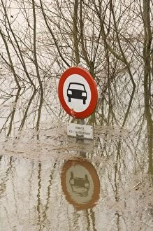 Images Dated 7th March 2007: Traffic sign No cars allowed Flooded forelands of the river IJssel, The Netherlands in early spring