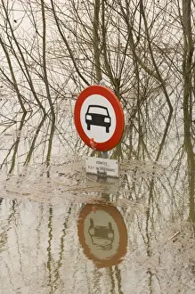 Floods Prints: Traffic sign No cars allowed Flooded forelands of the river IJssel