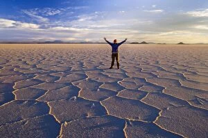 Images Dated 27th June 2010: Traveller on Salar de Uyuni - a happy woman with raised hands stands amidst polygonal salt pattern