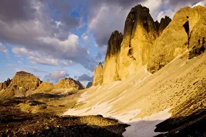 Peaks Prints: The Tre Cime de Lavaredo / Drei Zinnen peaks - in dramatic evening light, Dolomites, Italy