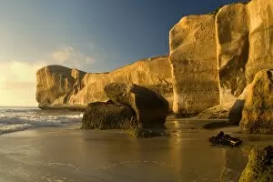 Tunnel Beach - sculpted cliffs seen from Tunnel Beach right after sunrise