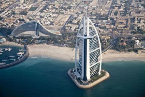 UAE, Dubai. Aerial of Burj al Arab and Jumeirah