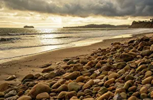 USA, California. Central Coast, Santa Barbara County, Santa Barbara, Montecito, Butterfly Beach, drain and cobble eroded by King Tides Date: 16-02-2019