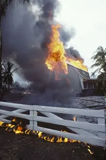 USA - Hawaii - Big Island - Eruption of the Pu'u O'o Vent - a vent of the Kilauea Volcano - in the village of Kalapana Gardens a house surrounded by lava erupts in flames