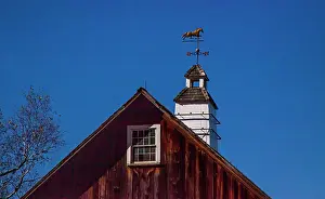Wooden Prints: USA, New England, Vermont weather vane on top of wooden barn topped with horse Date: 08-10-2013