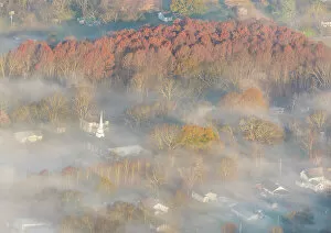 Deciduous Gallery: USA, Tennessee. Church steeple rises above fog