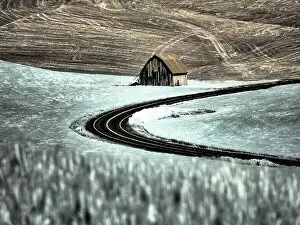 Road Collection: USA, Washington State, Palouse. Road running through the crops with barn along side the road Date