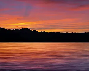 USA, Washington State, Seabeck. Composite panoramic sunset over Hood Canal. Date: 10-08-2021