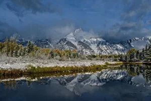 Hole Gallery: USA, Wyoming. Fall snow and reflection of Teton