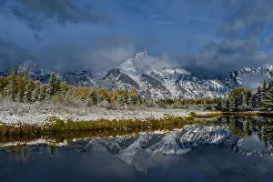 Fall Collection: USA, Wyoming. Fall snow and reflection of Teton mountains, Grand Teton National Park Date