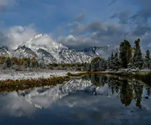 USA, Wyoming. Fall snow and reflection of Teton mountains, Grand Teton National Park Date: 05-10-2019