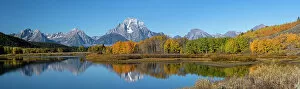 : USA, Wyoming. Reflection of Mount Moran and autumn aspens at the Oxbow, Grand Teton National Park