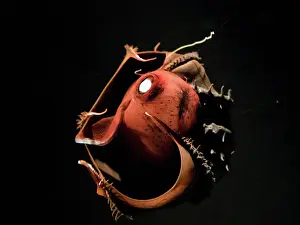 Vampire Squid. Going in to pineapple defensive posture. Photophore illuminated. California USA