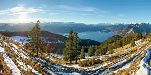 View from Mt. Jochberg near lake Walchensee towards lake Walchensee, Wetterstein mountain range and Karwendel mountain range. Germany, Bavaria Date: 18-12-2020