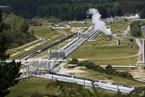 Wairakei Geothermal Power Station near Taupo North Island New Zealand. Operated by Contact Energy this was the first geothermal plant to use very hot water as the source of the steam used to drive the turbines