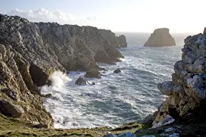 Headland Prints: Waves crashing against rocky coastline - Pointe Pen Hir - Brittany - France