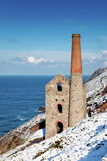 Mine Prints: Wheal Coates - engine house in winter snow - St Agnes - Cornwall - UK
