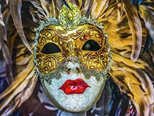 Traditional Prints: White golden Venetian mask feathers