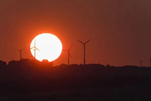 Wind Park - with setting sun, North Hessen, Germany Date: 11-Feb-19