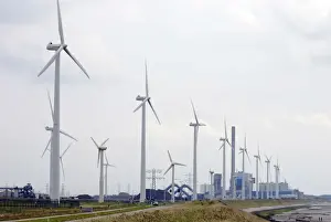 Wind Turbines and coal fired power station on the Netherlands coast near Vlissingen