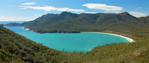 Panoramic Prints: Wineglass Bay - beautiful, turquoise coloured Wineglass Bay and surrounding mountains seen from Wineglass Bay Lookout